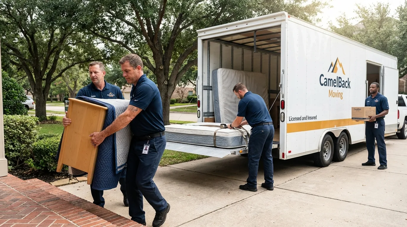 Crew loading residential truck for cross-state move from Clarksville, TX