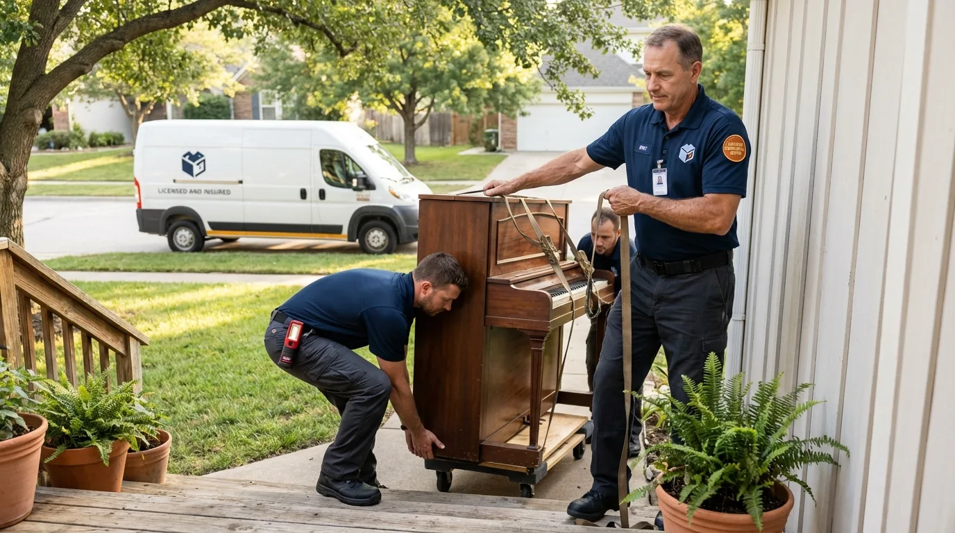 Licensed piano movers securing grand piano in Clarksville, TX