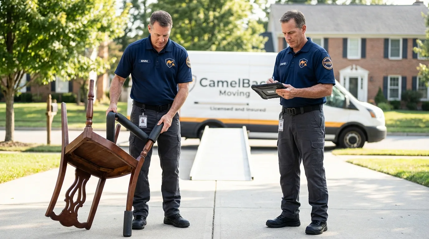 Movers inspecting furniture for damage prevention before loading in Clarksville, TX