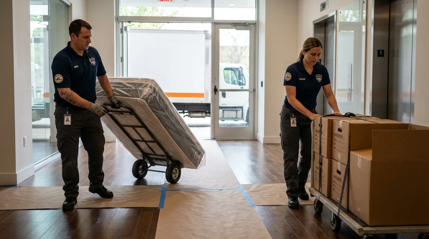 Professional apartment movers loading elevator in Clarksville, TX